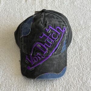 Von Dutch Men’s Distressed Denim Hat Cap with Purple Logo